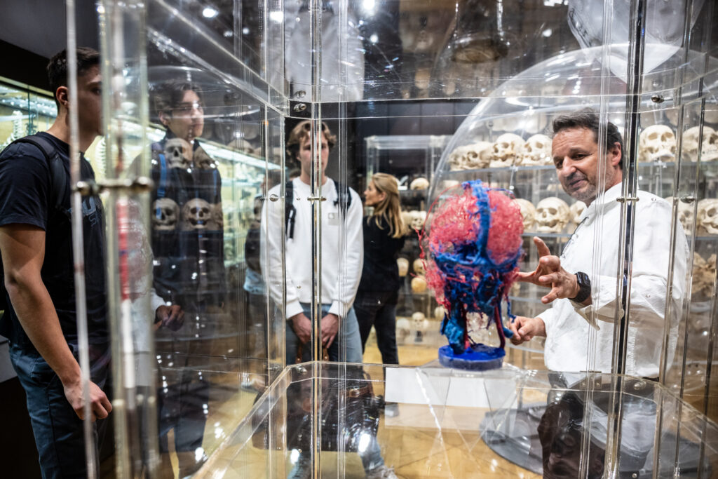Romed Hörmann zeigt auf eine Vitrine im Anatomischen Museum Innsbruck. Neben und hinter ihm sind mehrere interessierte Personen als Publikum zu sehen.